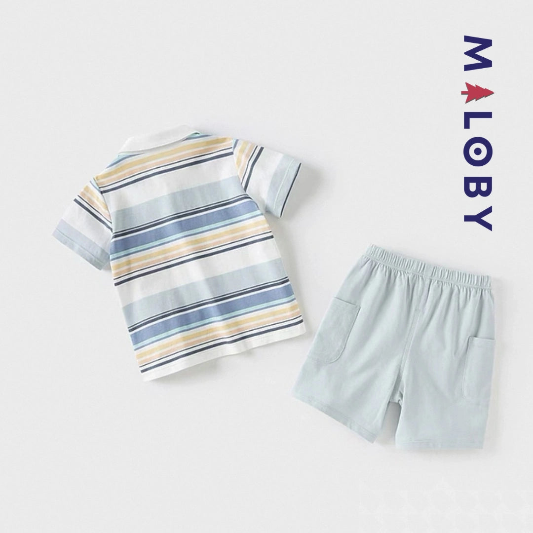 Ensemble Polo Rayé & Short enfant garçon- Bleu Pâle