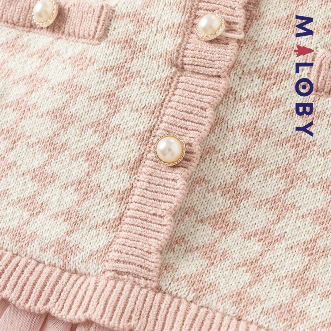 Robe à carreaux manches longues enfant fille - Rose