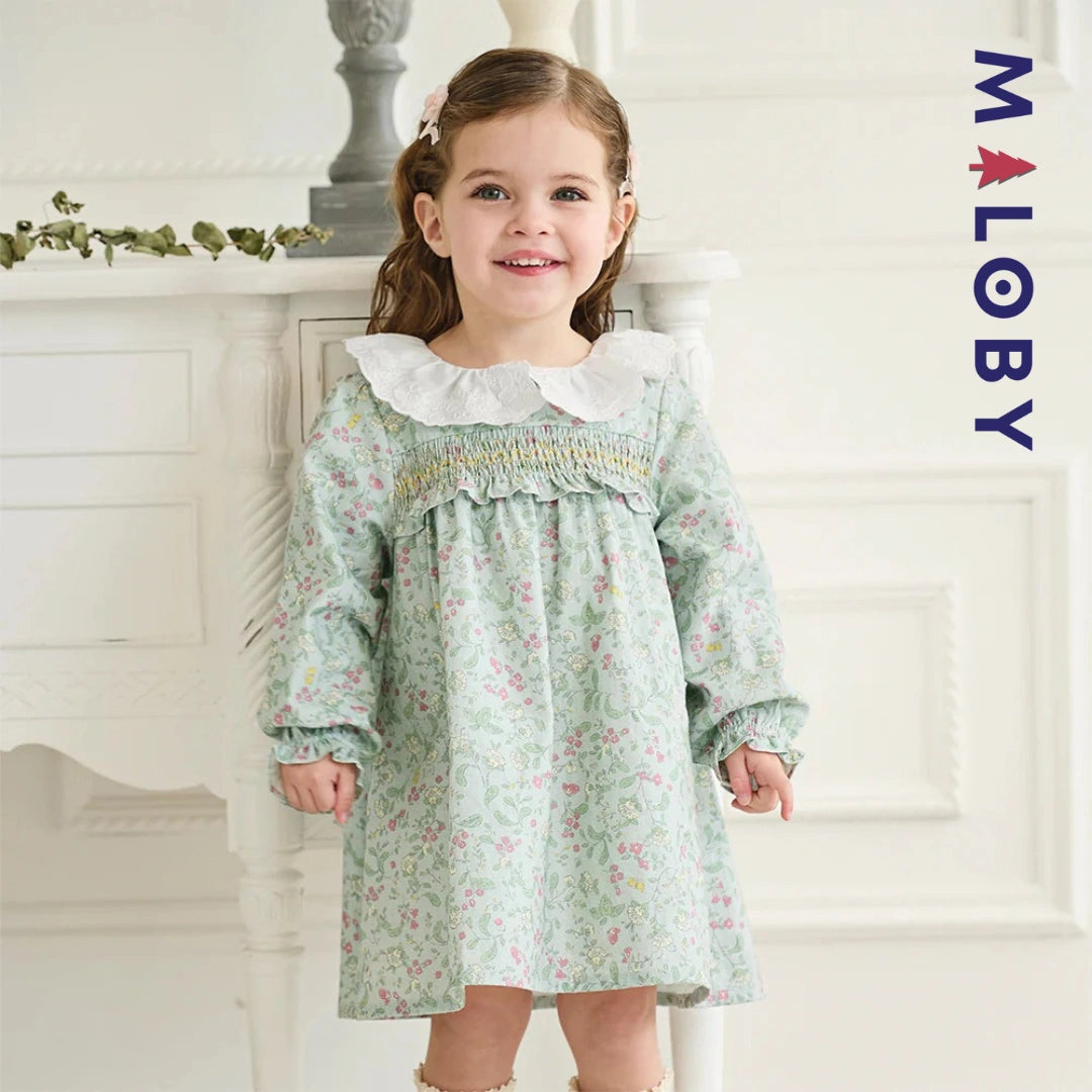 Robe à smocks fleurie manches longues enfant fille- vert imprimé