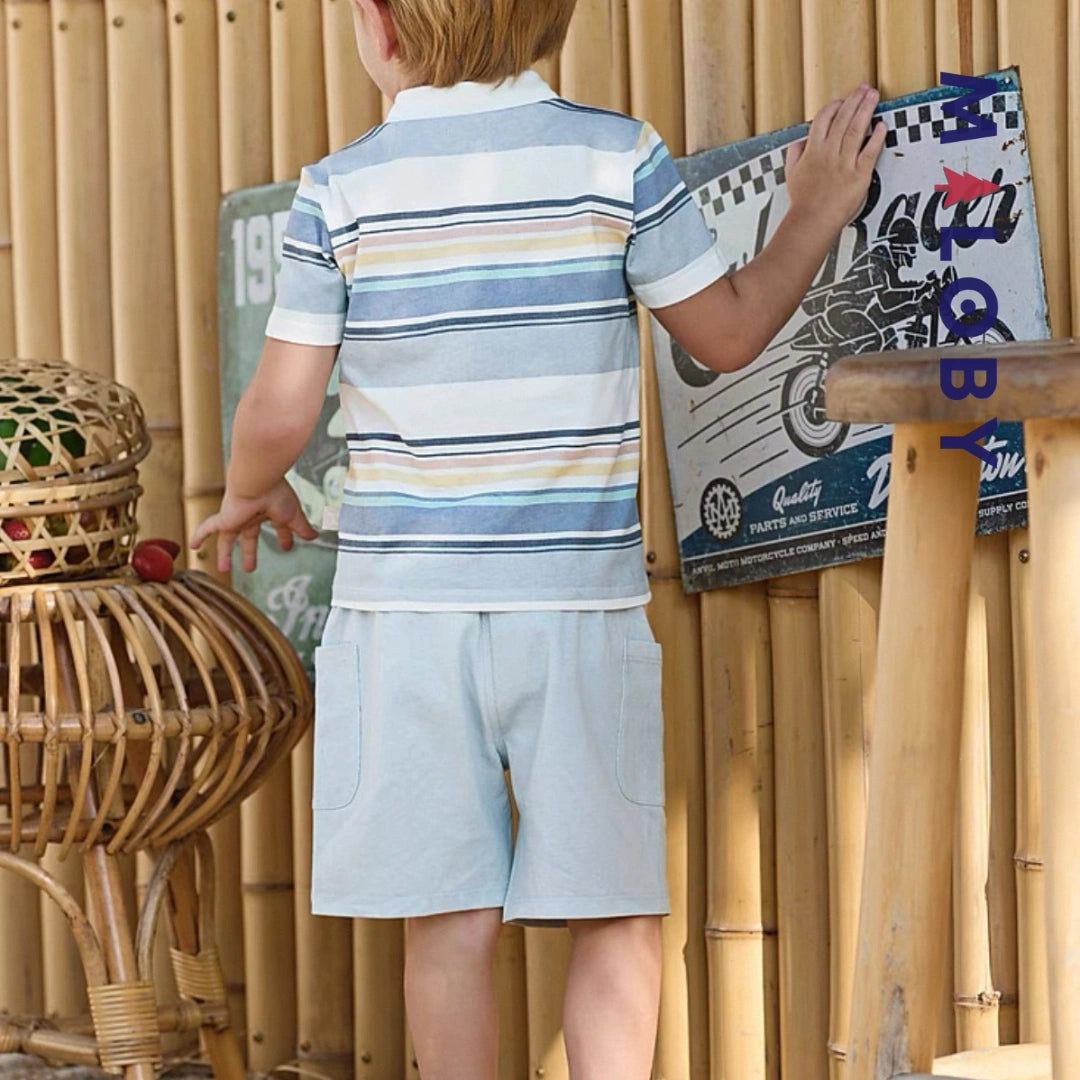 Ensemble Polo Rayé & Short enfant garçon- Bleu Pâle