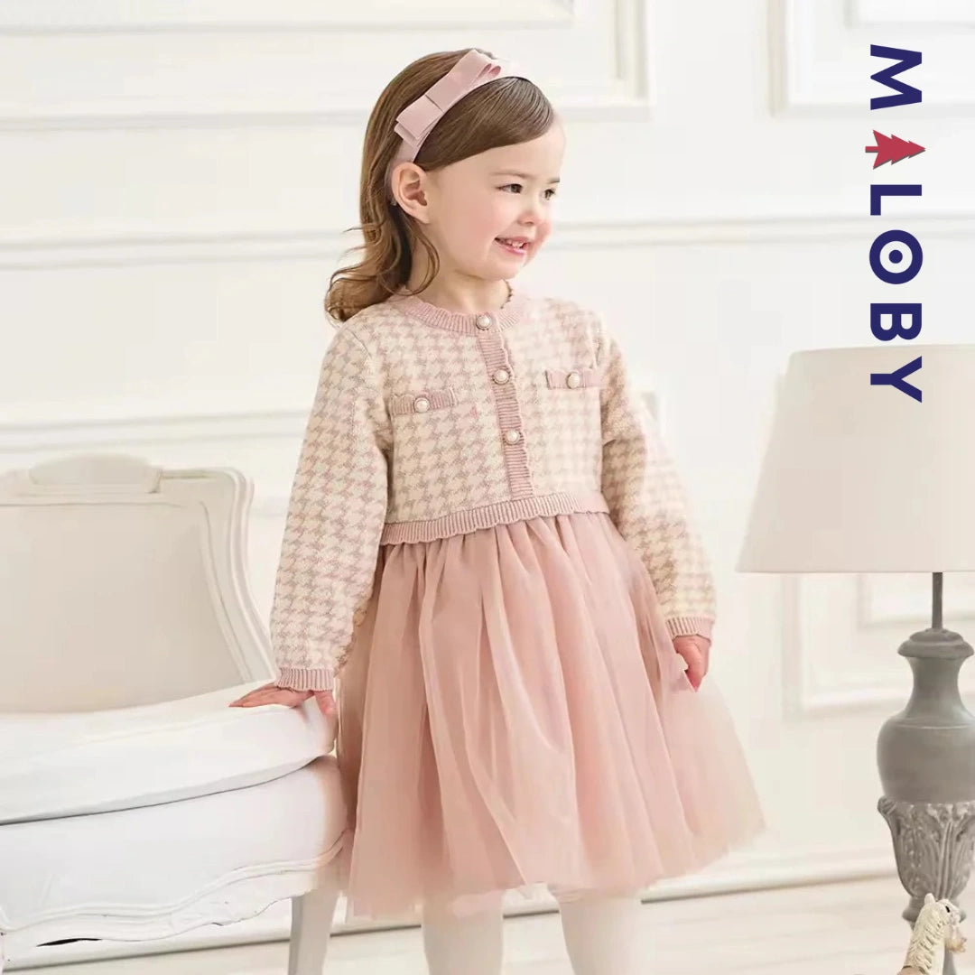 Robe à carreaux manches longues enfant fille - Rose