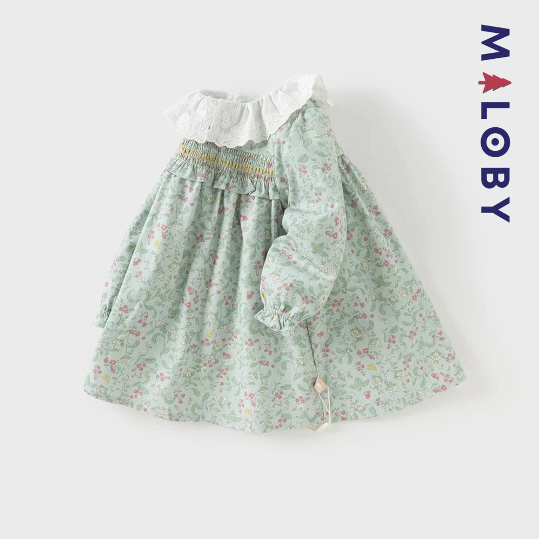 Robe à smocks fleurie manches longues enfant fille- vert imprimé