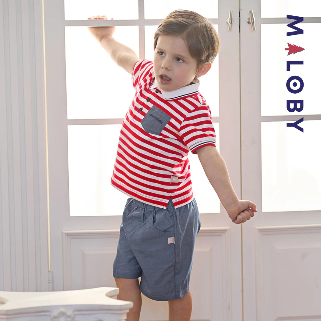 Ensemble 2 Pièces polo+ short en pur coton enfant garçon-Rouge rayé