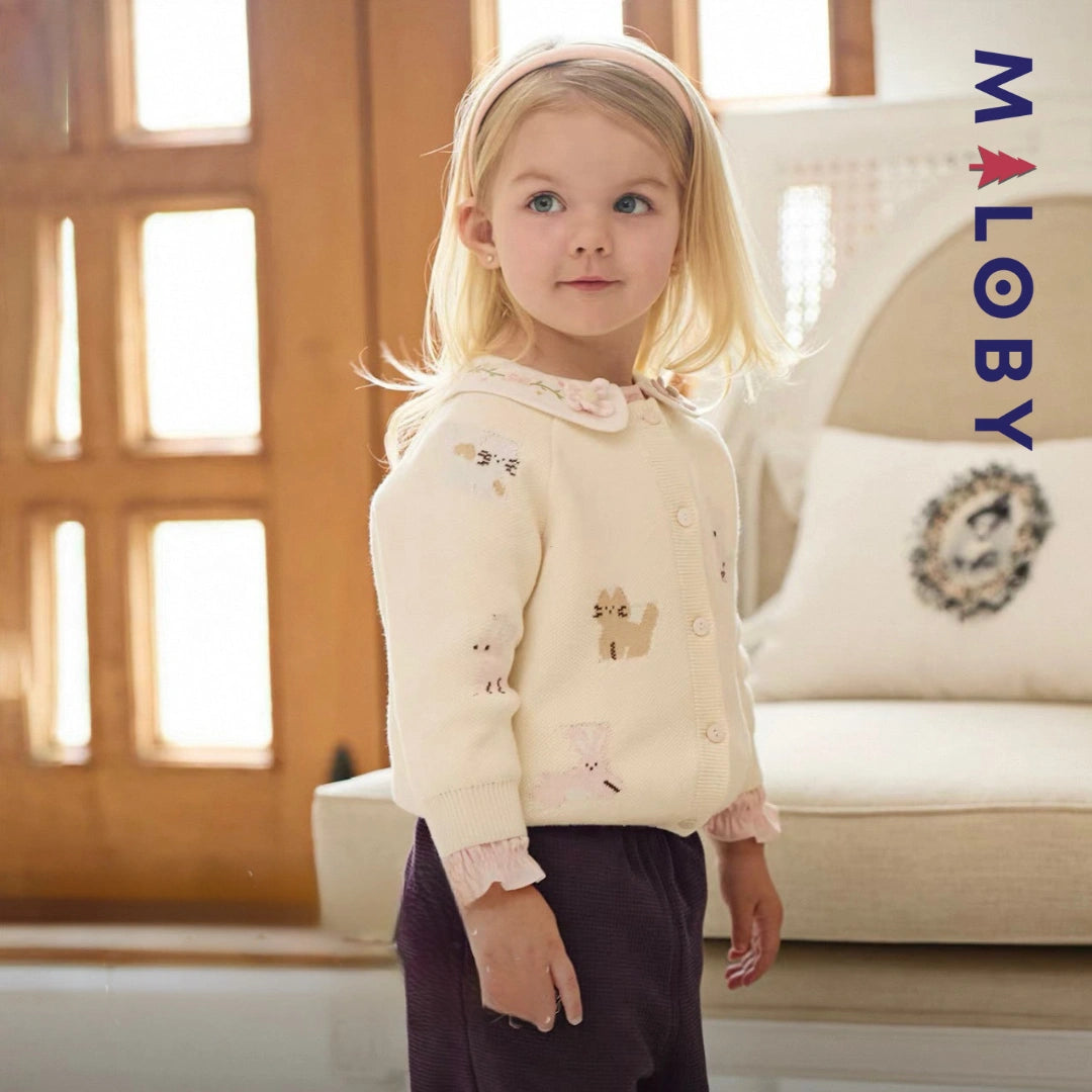 Cardigan motif animalier enfant fille- Beige