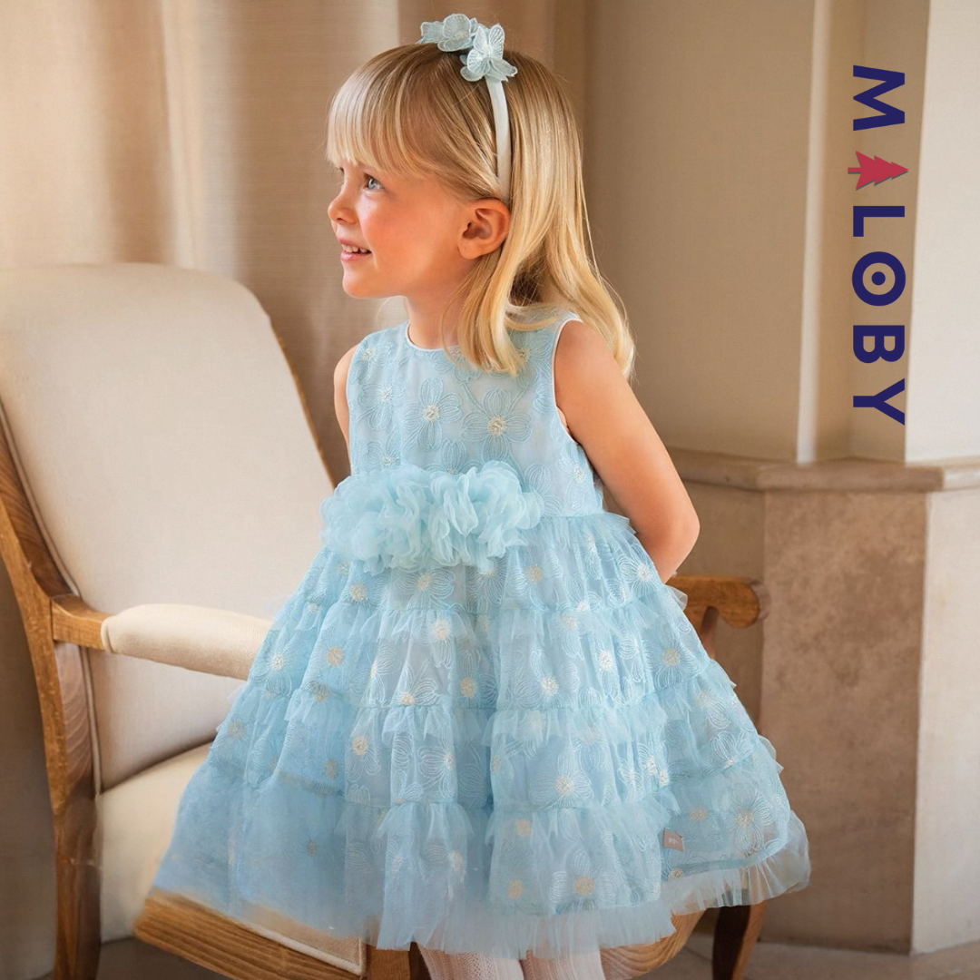 Ensemble robe de cérémonie + bandeau à volants enfant fille -Bleu ciel