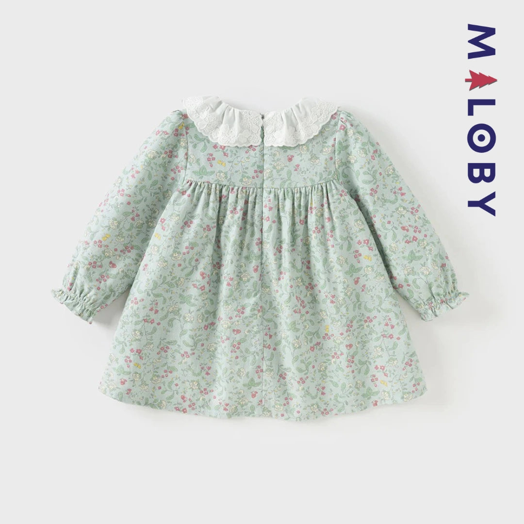 Robe à smocks fleurie manches longues enfant fille- vert imprimé