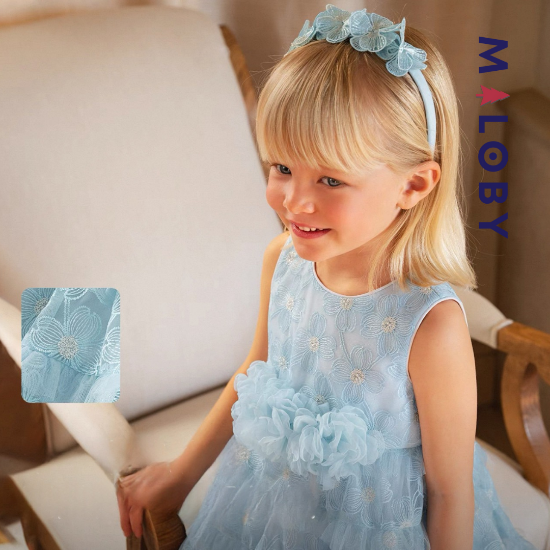 Ensemble robe de cérémonie + bandeau à volants enfant fille -Bleu ciel
