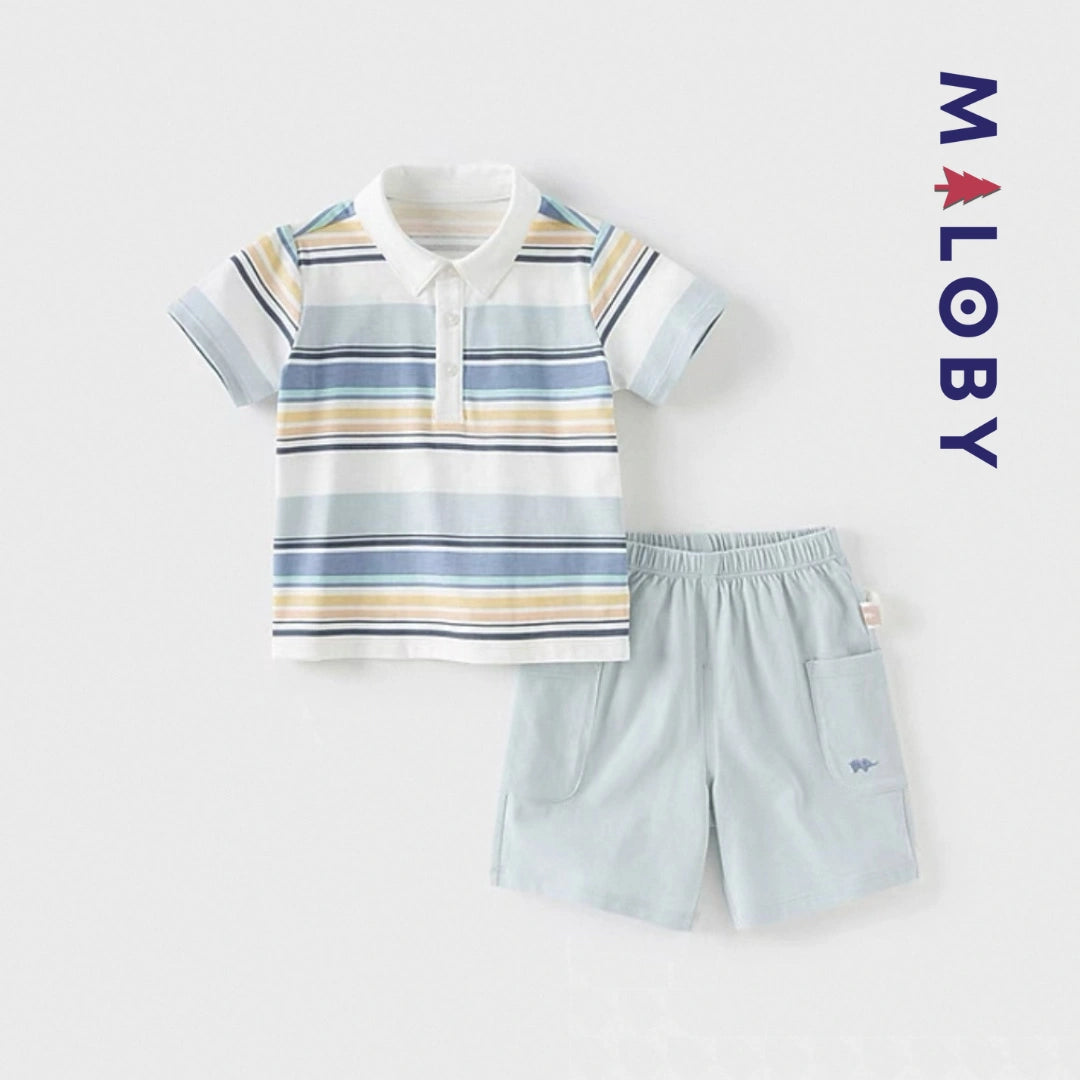 Ensemble Polo Rayé & Short enfant garçon- Bleu Pâle