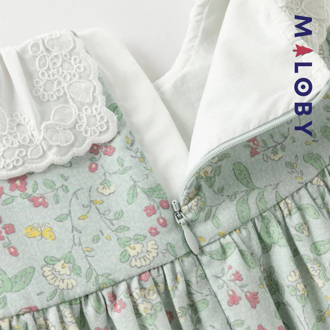 Robe à smocks fleurie manches longues enfant fille- vert imprimé