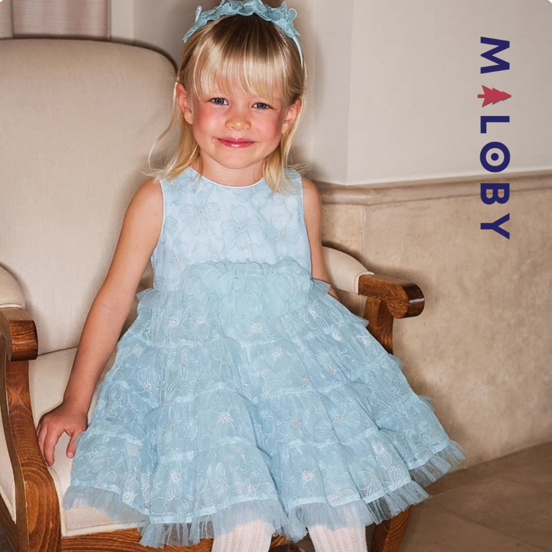 Ensemble robe de cérémonie + bandeau à volants enfant fille -Bleu ciel