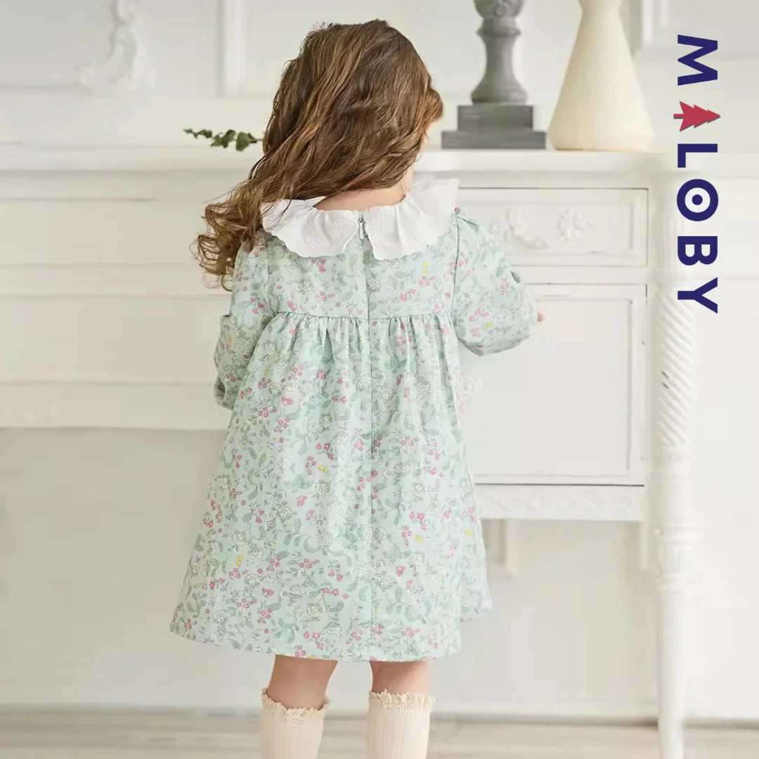 Robe à smocks fleurie manches longues enfant fille- vert imprimé