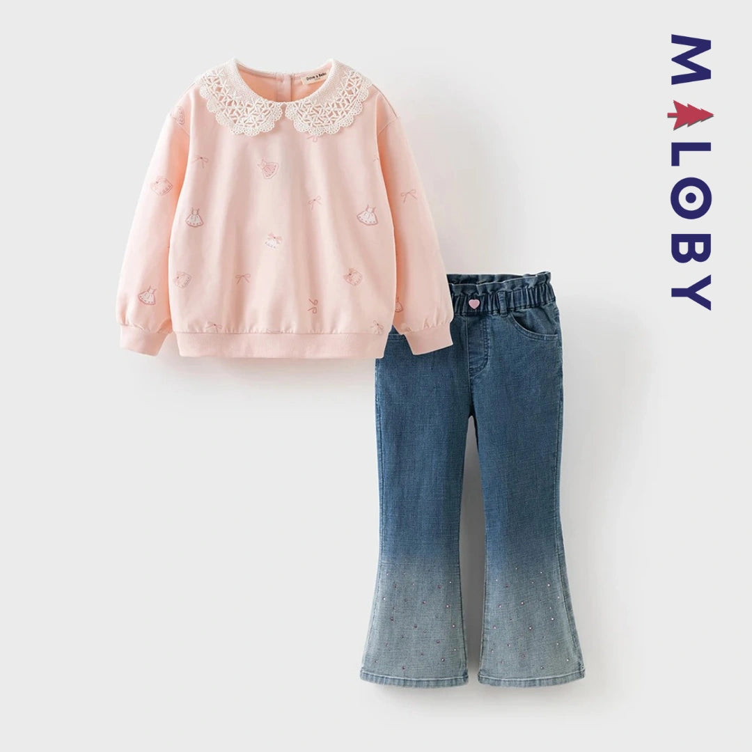 Pantalon denim large base en perles enfant fille- bleu