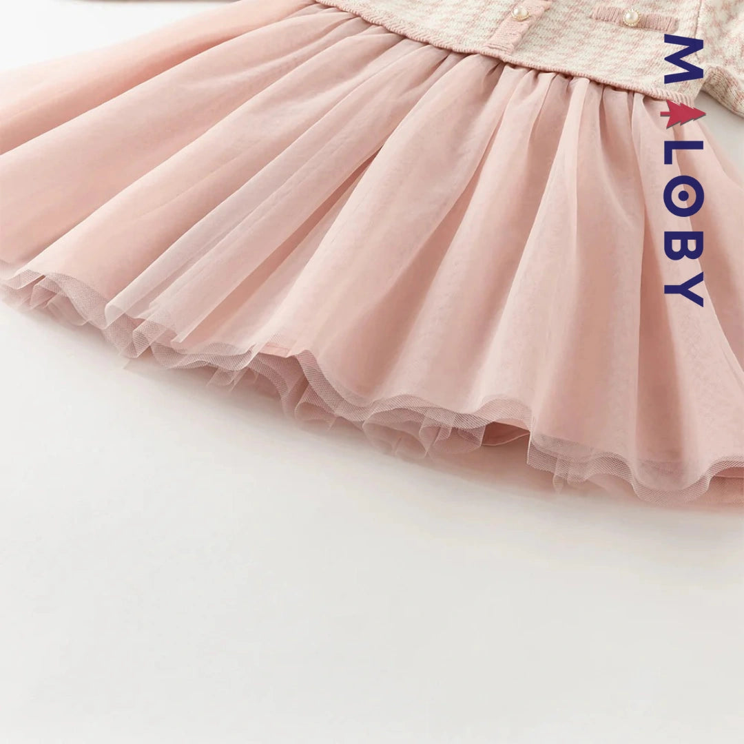 Robe à carreaux manches longues enfant fille - Rose