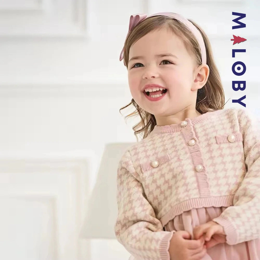 Robe à carreaux manches longues enfant fille - Rose