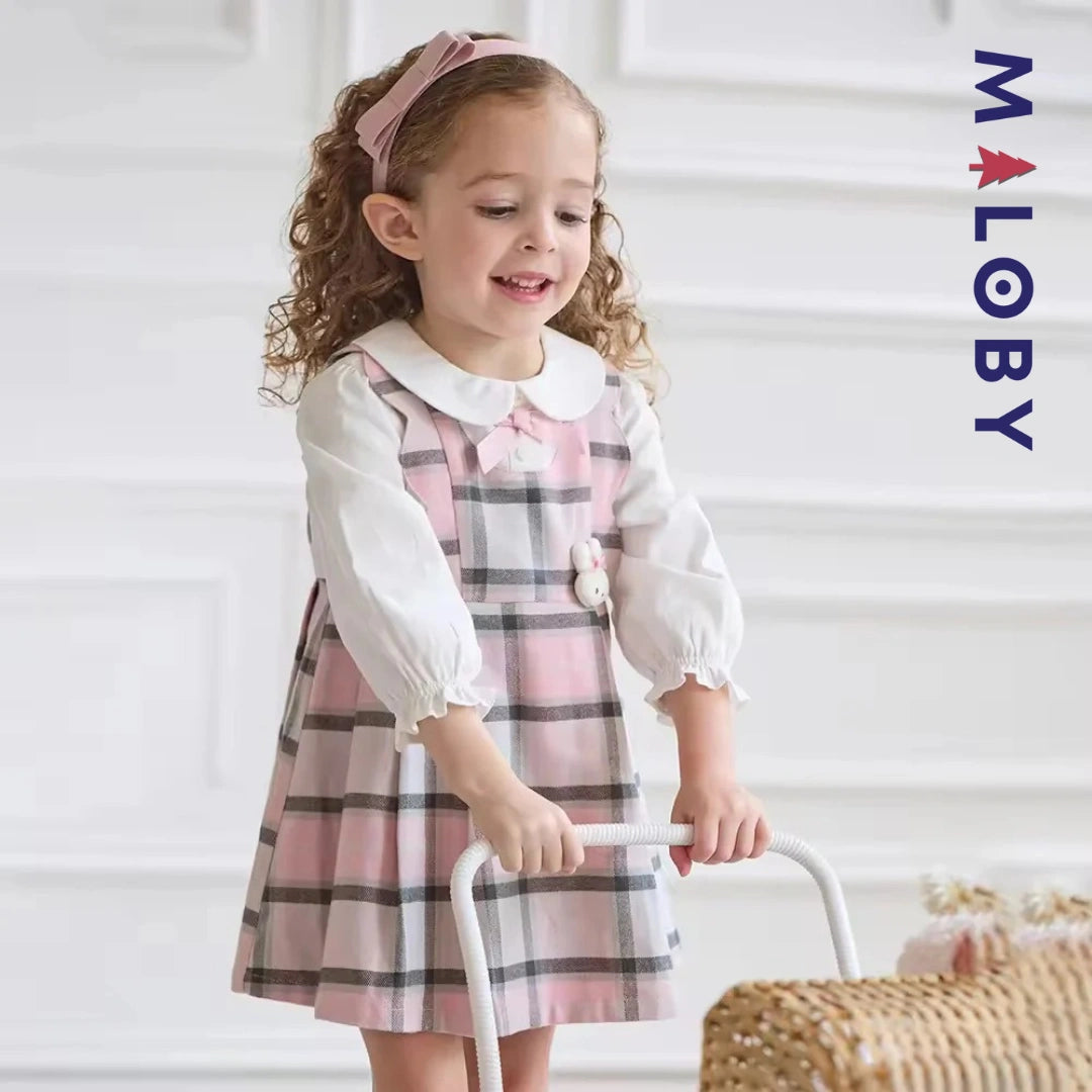 Robe bi-matière effet 2 en 1 enfant fille- rose/gris