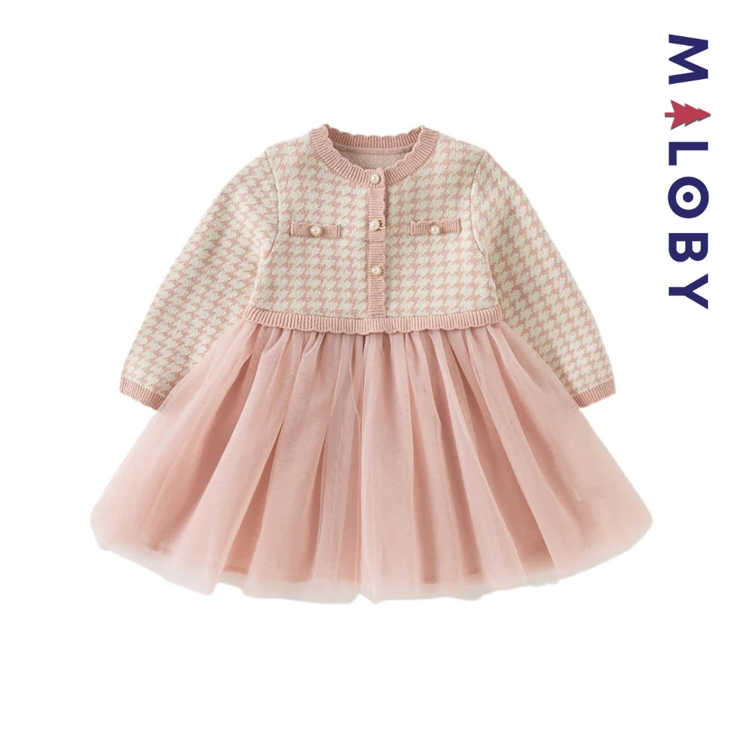 Robe à carreaux manches longues enfant fille - Rose