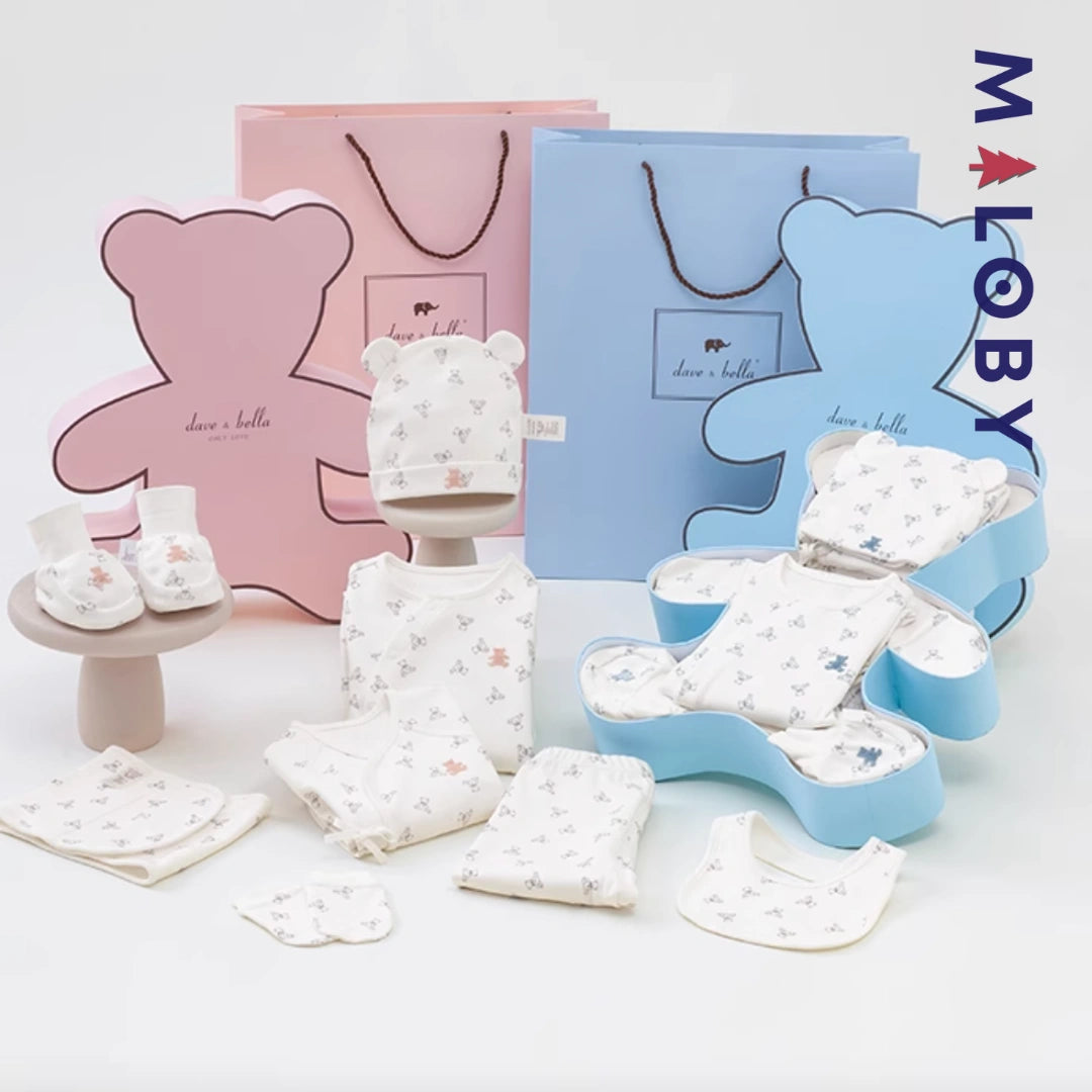 Set naissance imprimé 7 pièces en coton doux - blanc -robes et ensembles pour filles, bébés et garcons - MALOBY