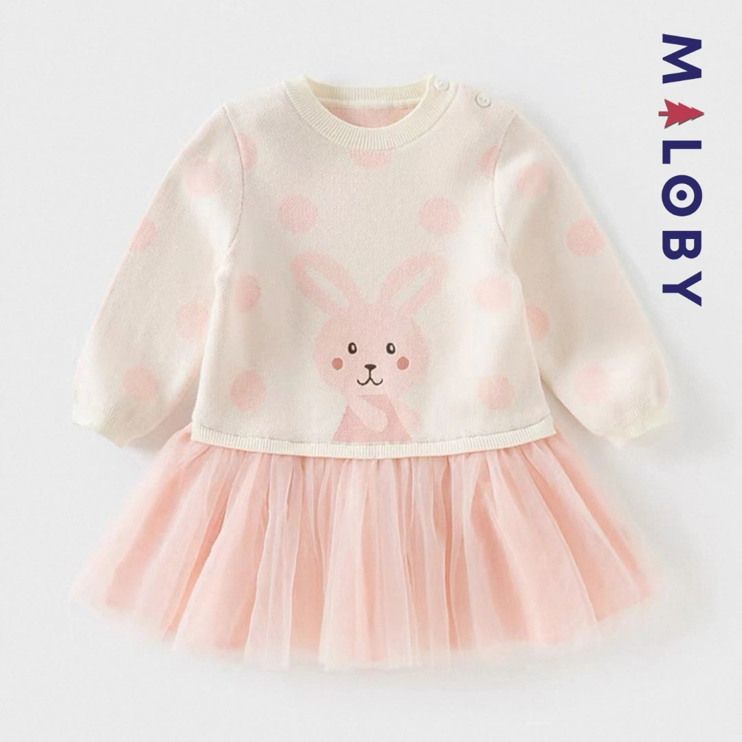 Robe bi-matière motif lapin enfant fille- rose