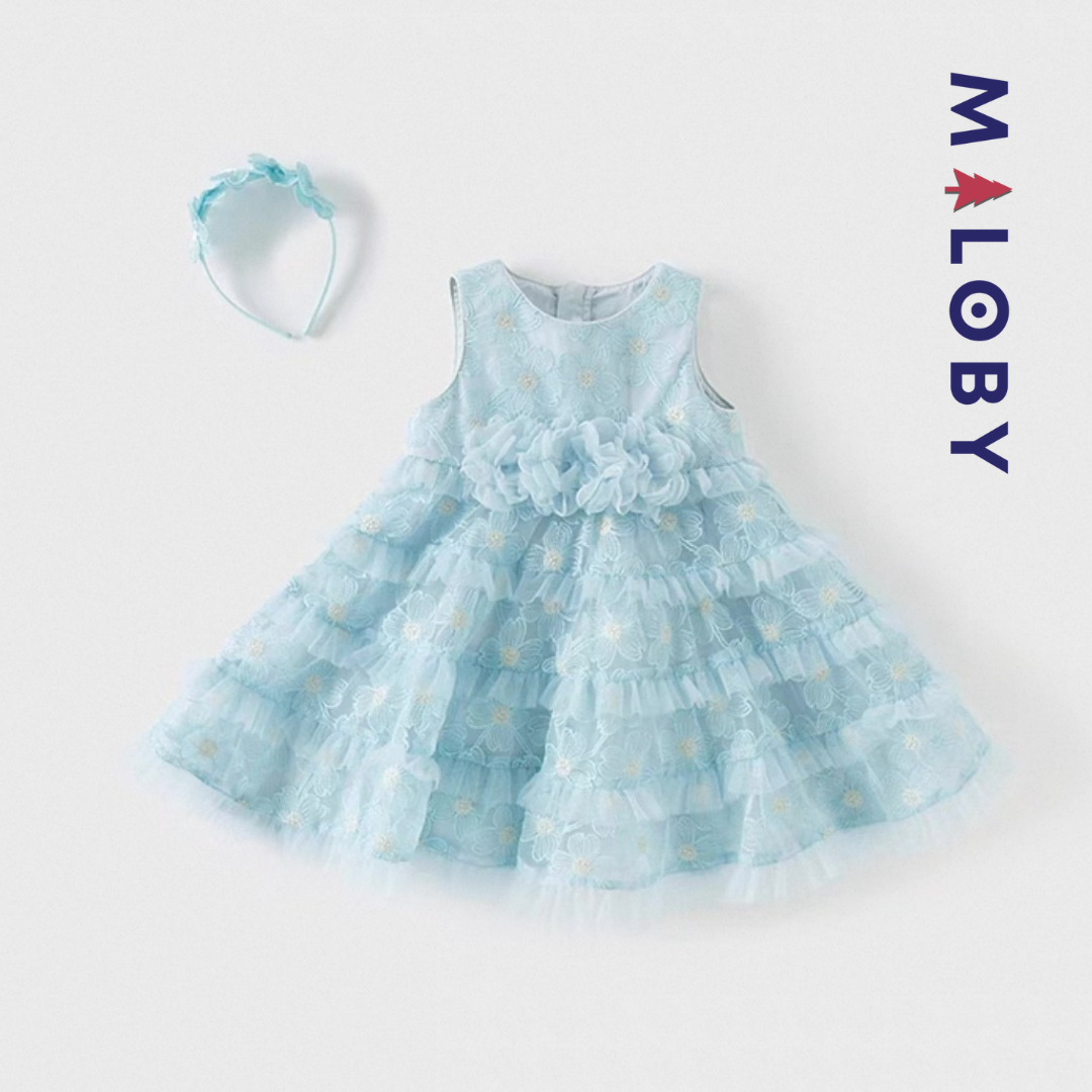 Ensemble robe de cérémonie + bandeau à volants enfant fille -Bleu ciel