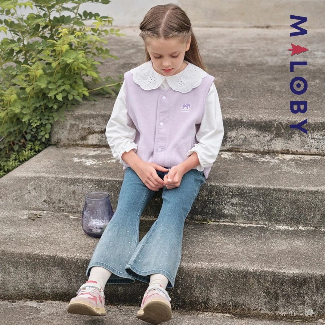 Pantalon denim large base en perles enfant fille- bleu