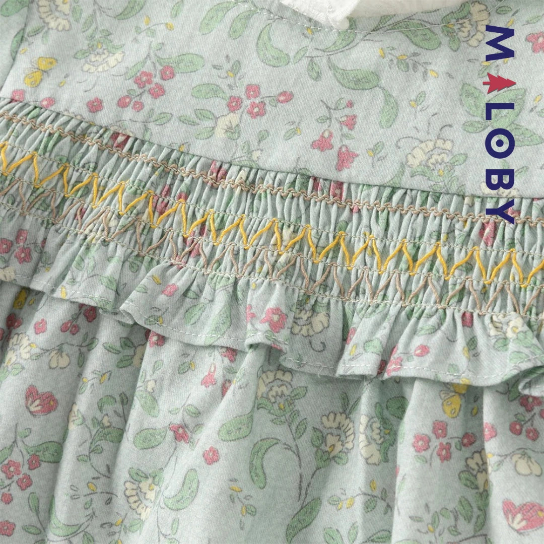 Robe à smocks fleurie manches longues enfant fille- vert imprimé