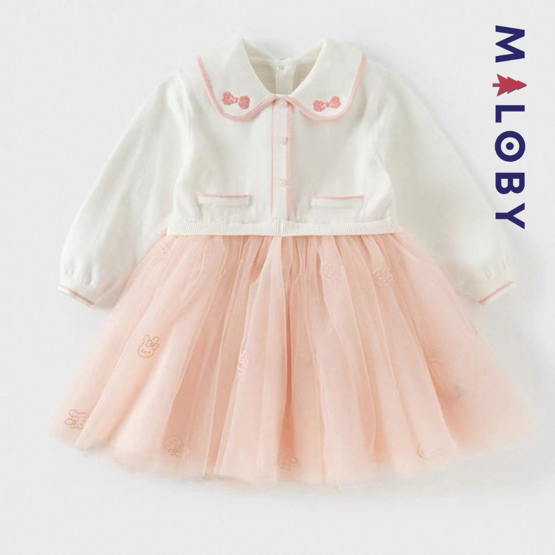 Robe cérémonie en maille et en tulle enfant fille - Rose