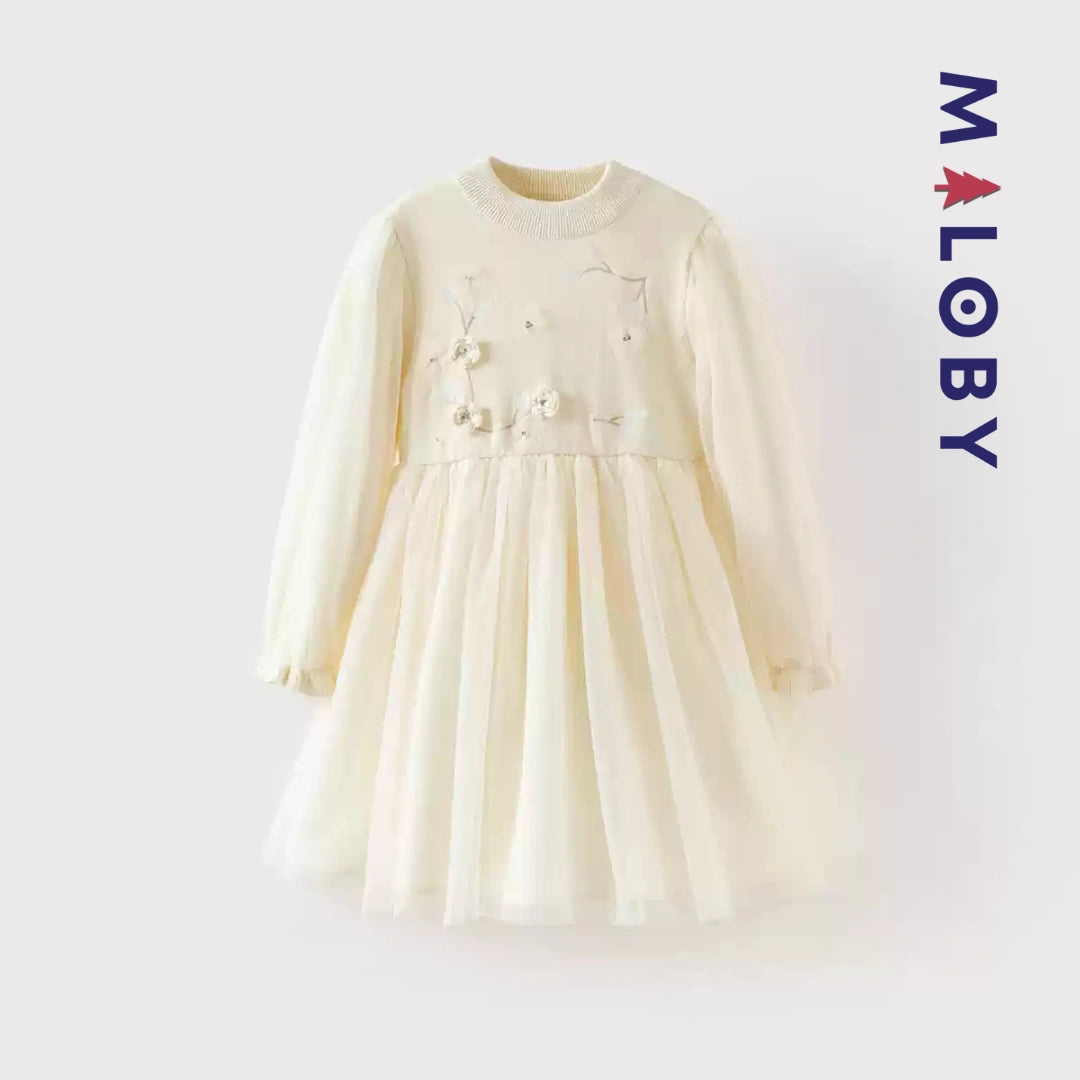 Robe en maille et en tulle effet 2 en 1 enfant fille - Beige -robes et ensembles pour filles, bébés et garcons - MALOBY