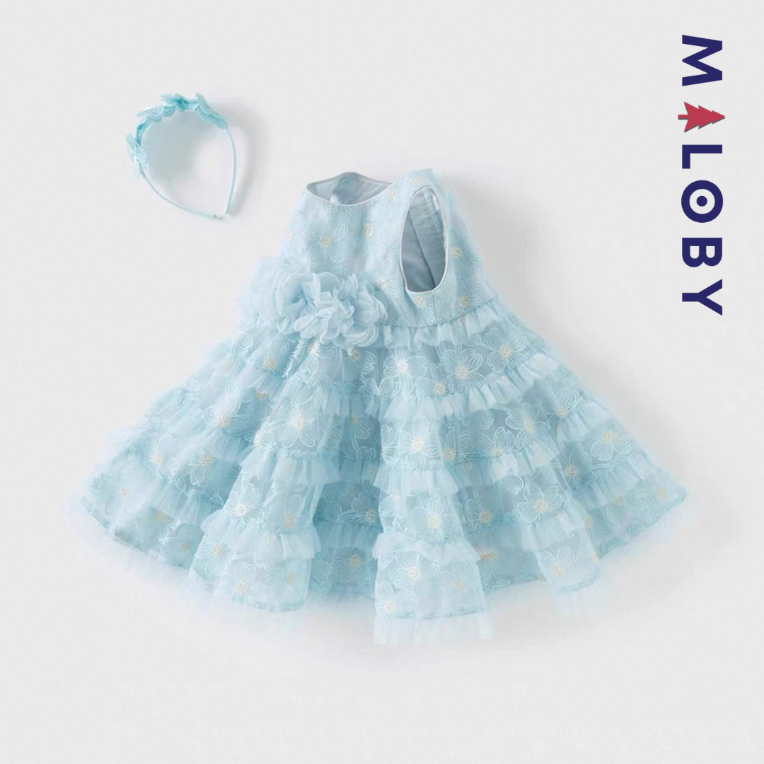 Ensemble robe de cérémonie + bandeau à volants enfant fille -Bleu ciel