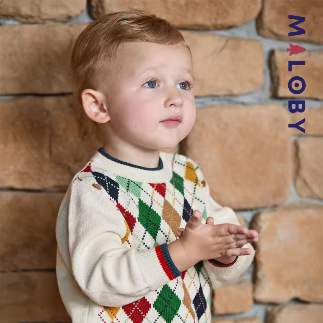 Pull en maille motif losange enfant Garçon -Beige -robes et ensembles pour filles, bébés et garcons - MALOBY