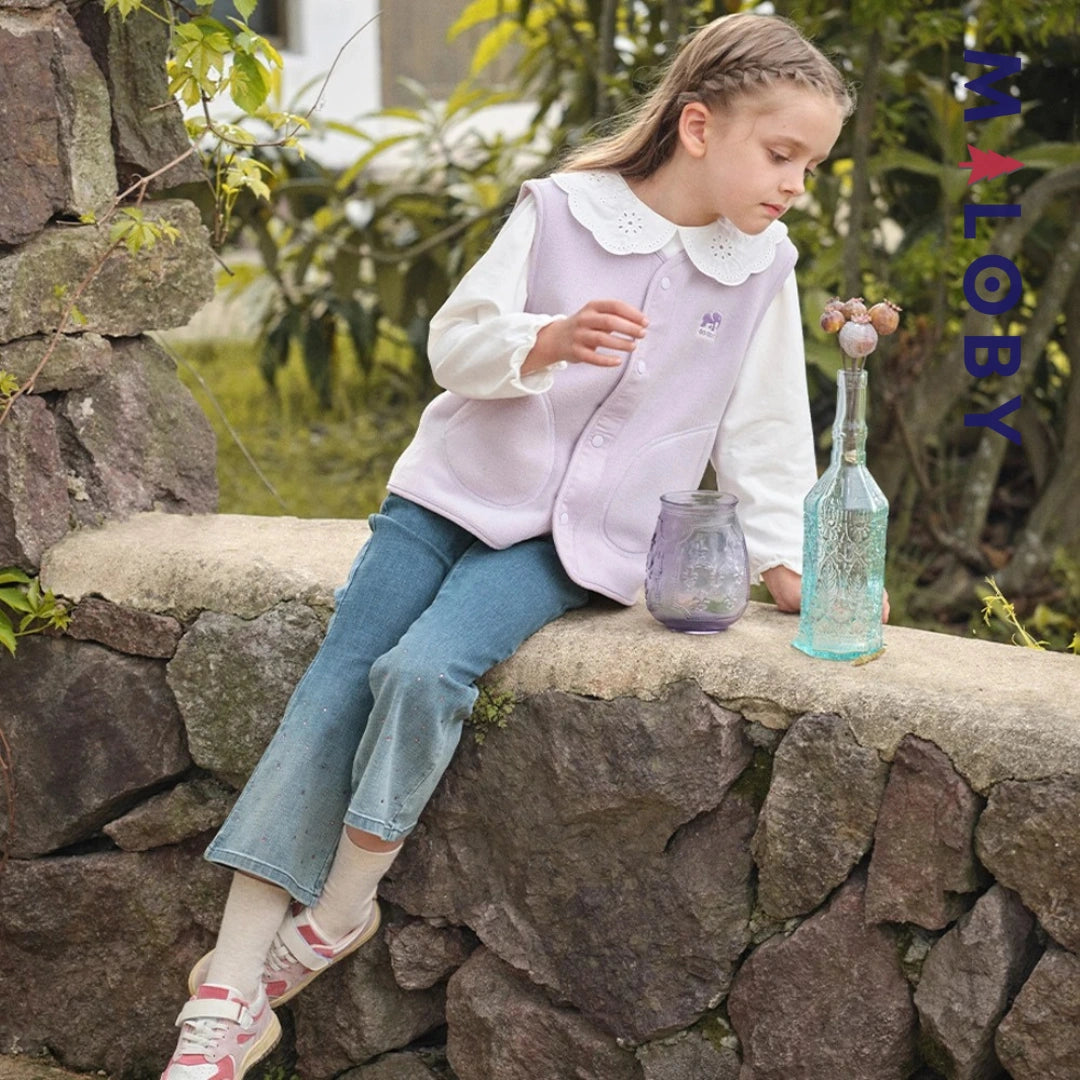 Pantalon denim large base en perles enfant fille- bleu