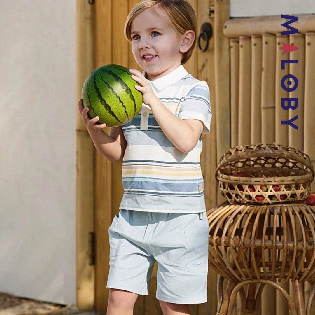Ensemble Polo Rayé & Short enfant garçon- Bleu Pâle