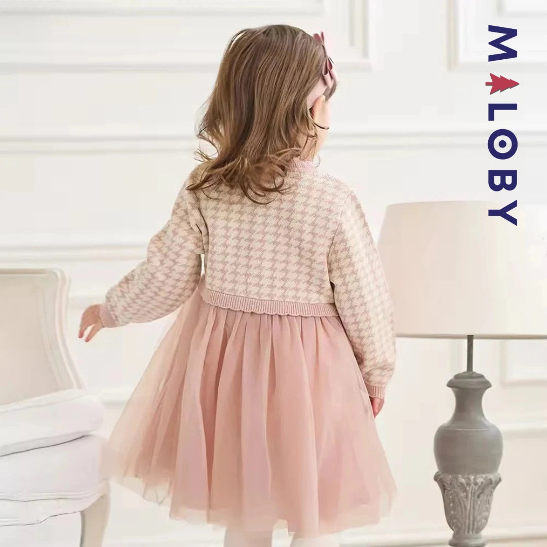 Robe à carreaux manches longues enfant fille - Rose