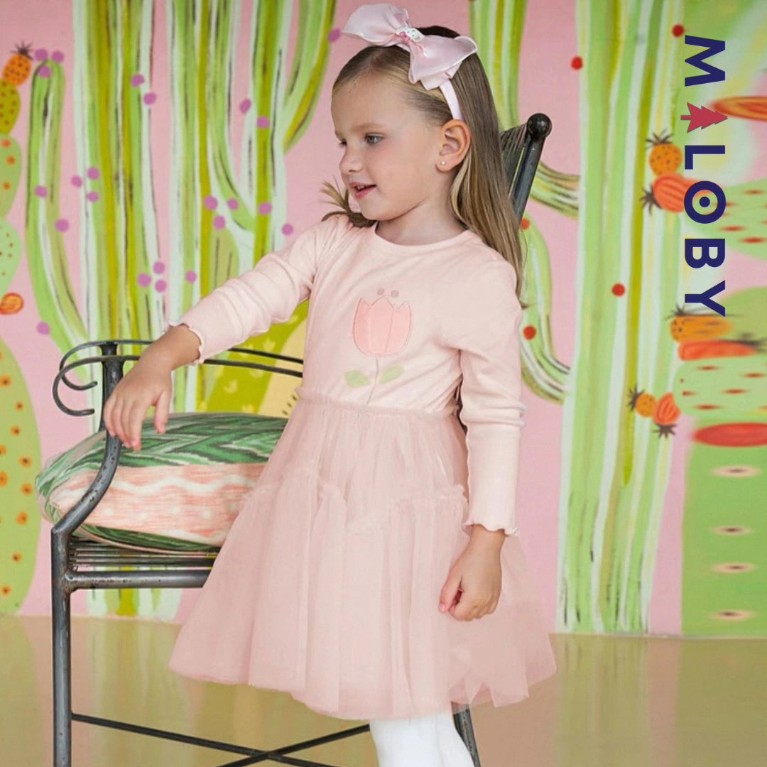 Robe cérémonie bi-matière motif fleur enfant fille- Rose