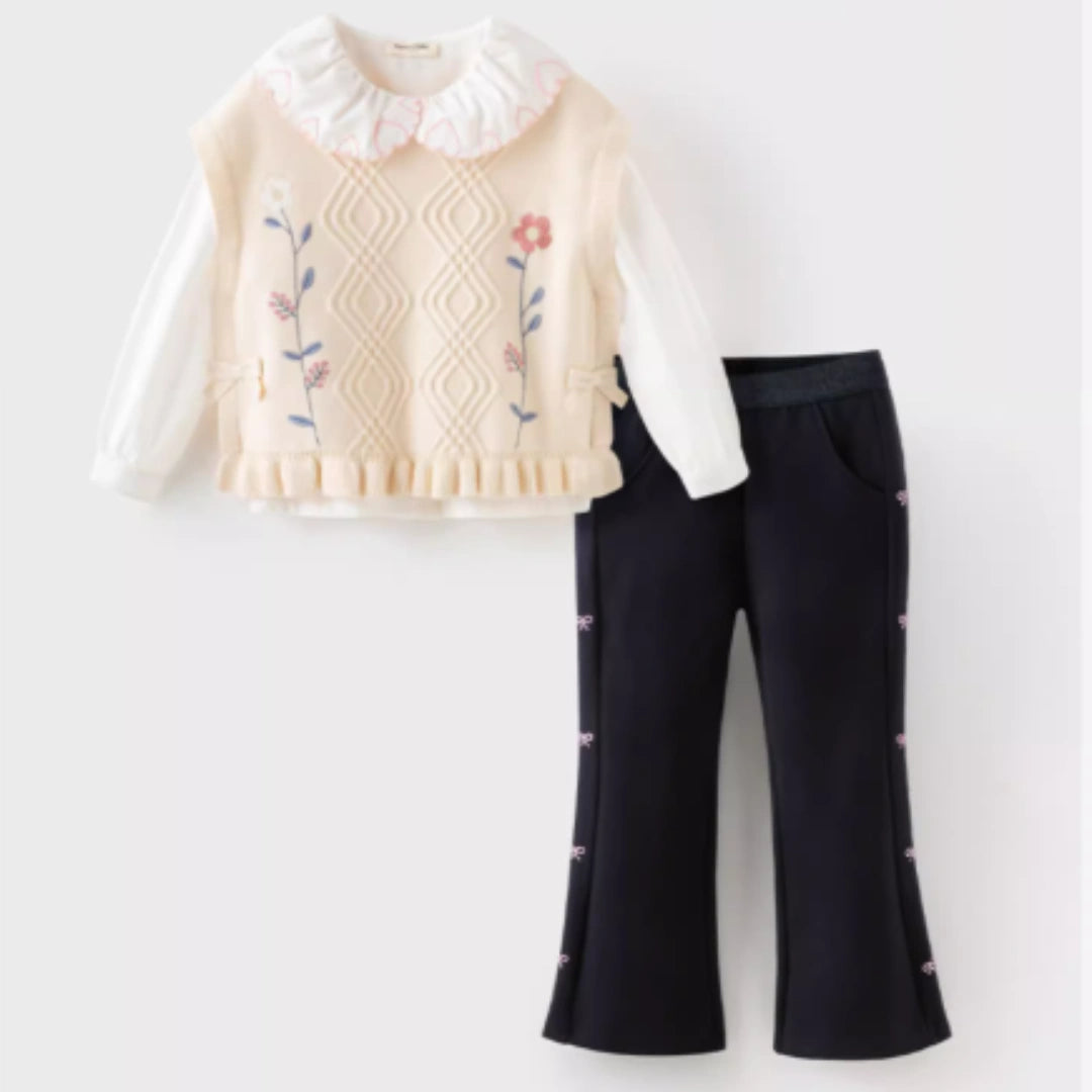 Pantalon évasé longueur chevilles enfant fille- marine