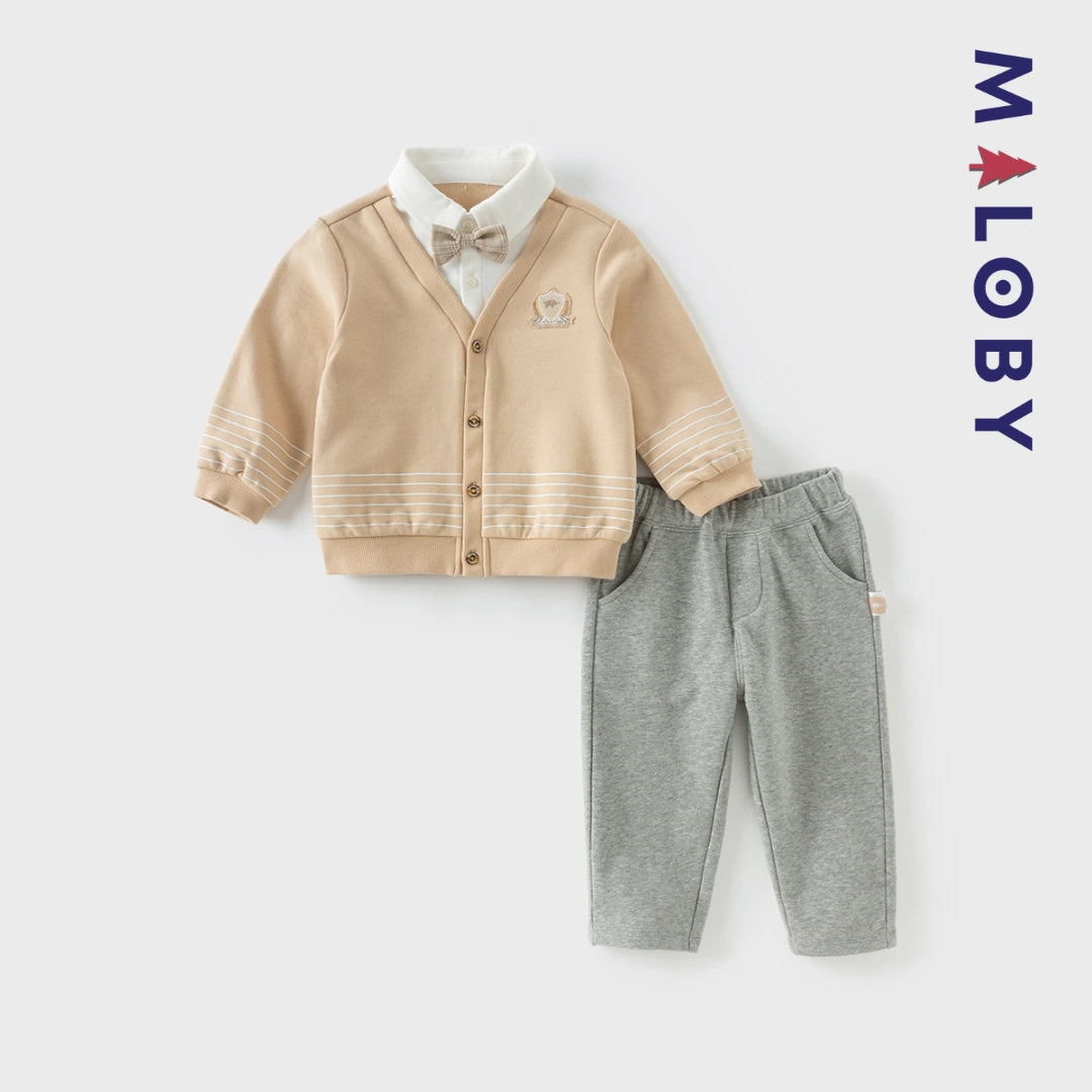 Ensemble habillé cardigan+pantalon+noeud enfant garçon- beige/gris -robes et ensembles pour filles, bébés et garcons - MALOBY