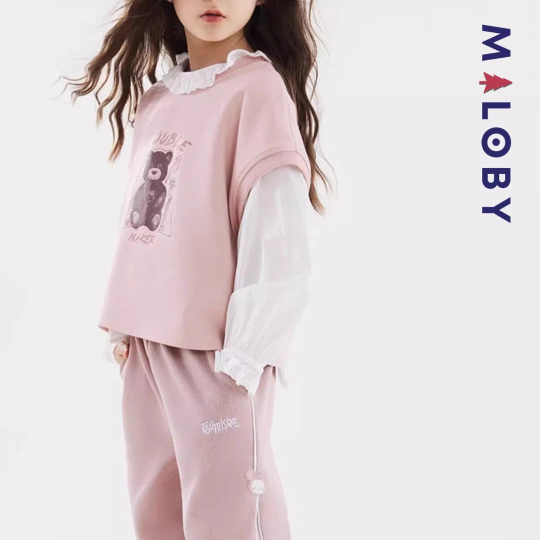 Pull en maille sans manches enfant fille - Rose/gris