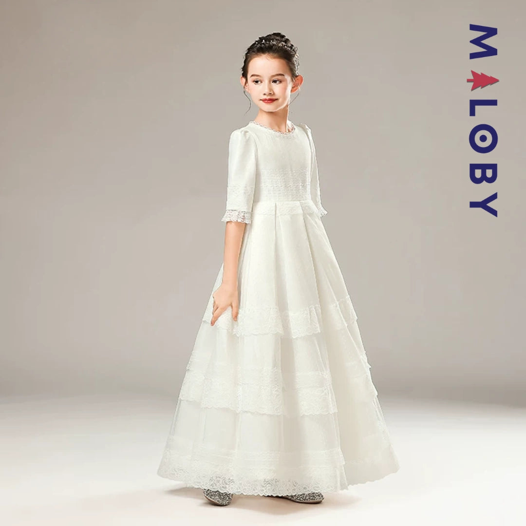 Robe longue de cérémonie en dentelle -Blanc
