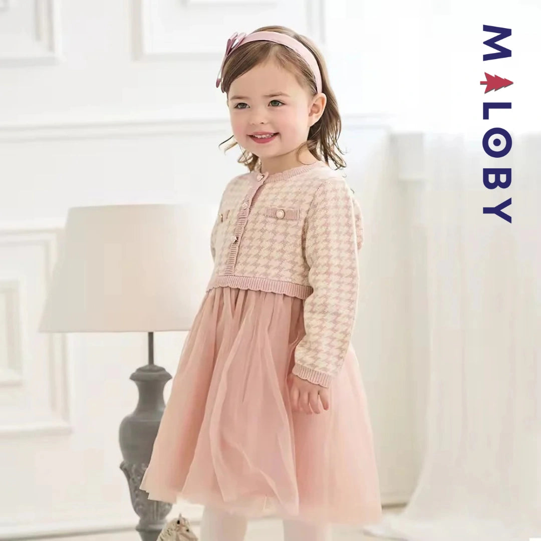 Robe à carreaux manches longues enfant fille - Rose
