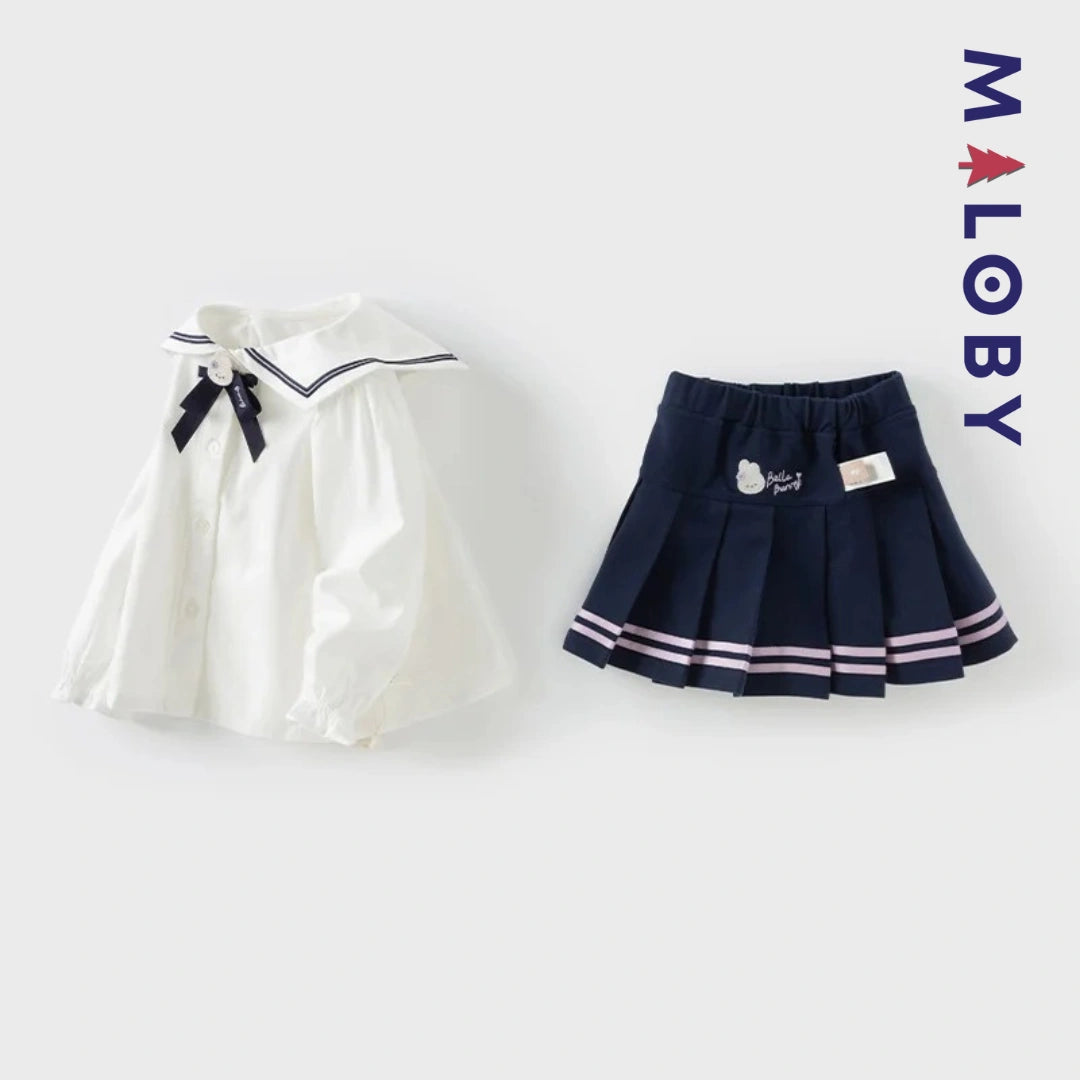 Ensemble habillé Jupon plissé+chemise enfant fille -Blanc/marine