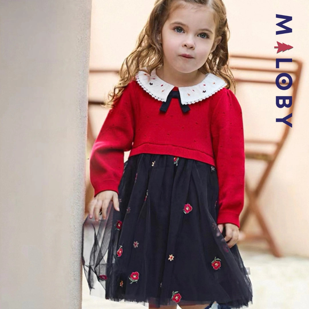 Robe habillée bi-matière enfant fille -Rouge -robes et ensembles pour filles, bébés et garcons - MALOBY