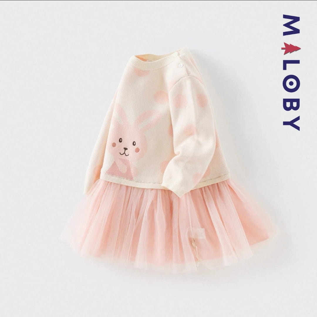 Robe bi-matière motif lapin enfant fille- rose