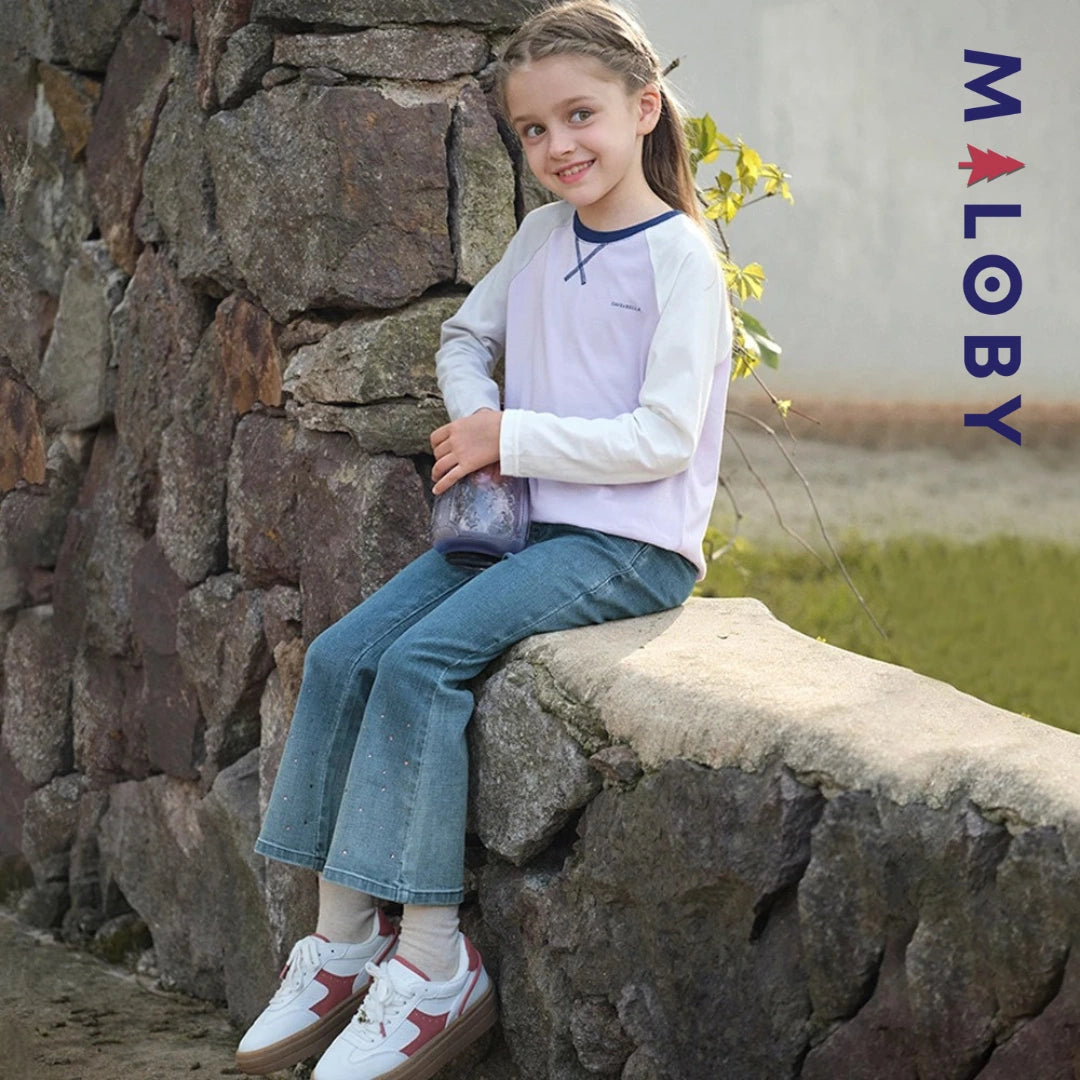 Pantalon denim large base en perles enfant fille- bleu