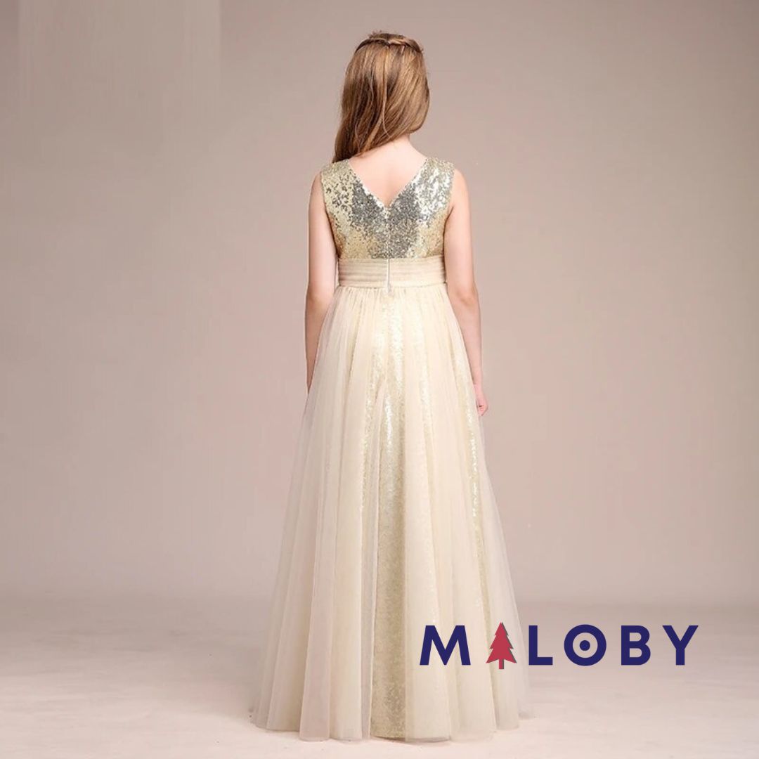 Robe longue de cérémonie - Beige/Or -robes et ensembles pour filles, bébés et garcons - MALOBY