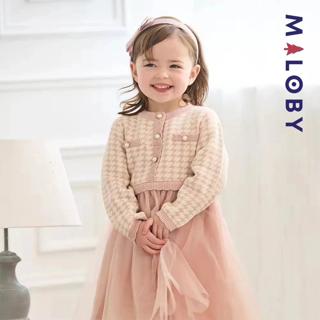Robe à carreaux manches longues enfant fille - Rose