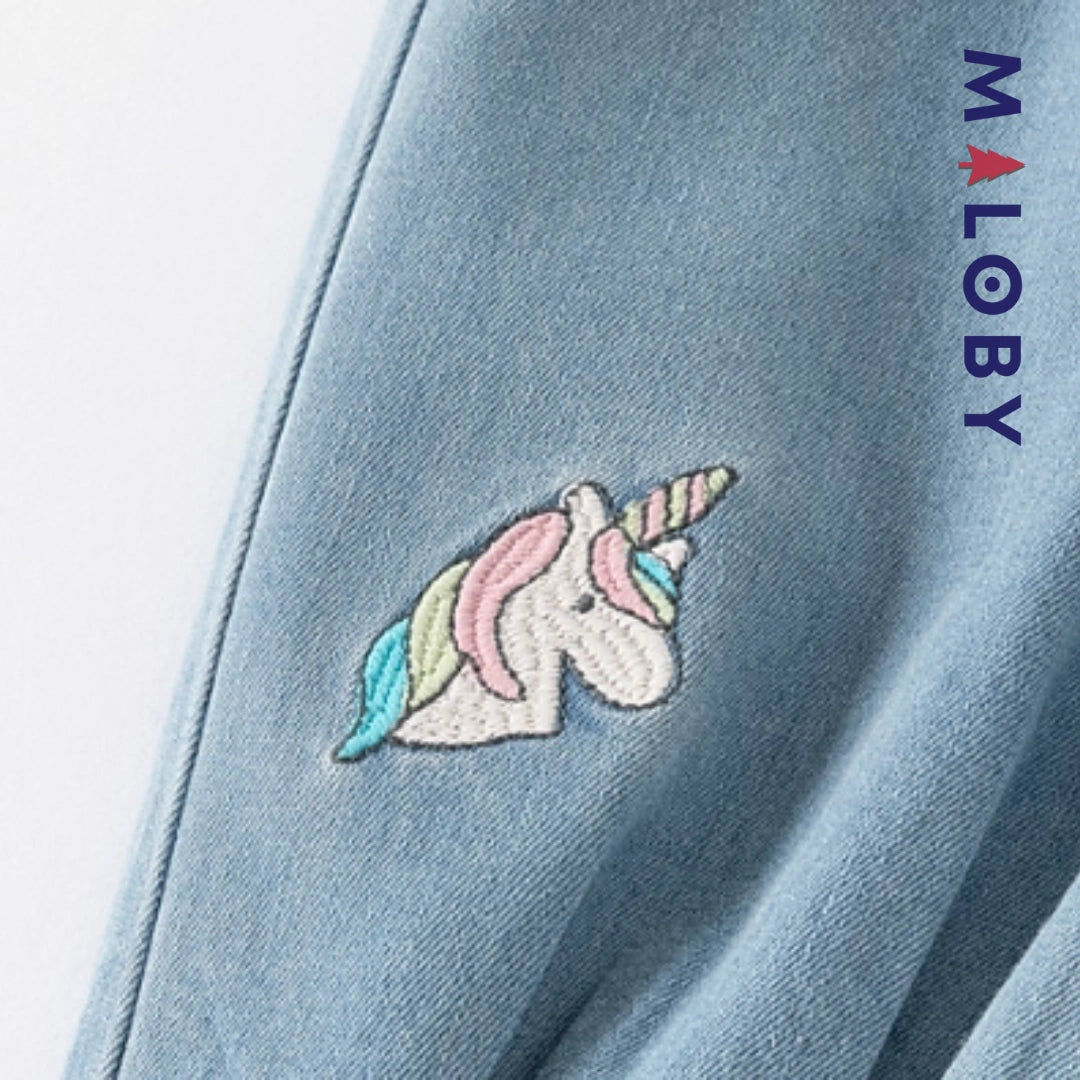 Pantalon jean brodé motif licorne enfant fille- bleu