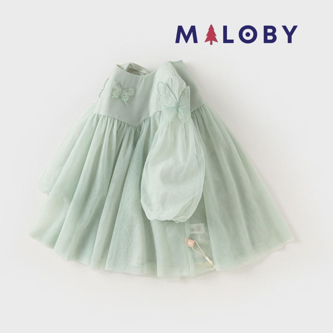 Robe volantée brodée à fleurs fille- Vert -robes et ensembles pour filles, bébés et garcons - MALOBY