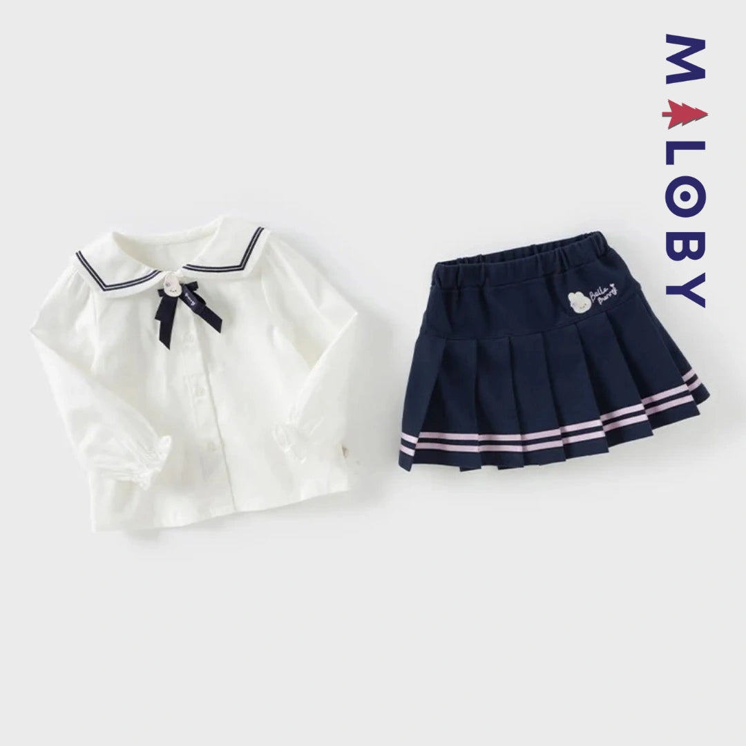 Ensemble habillé Jupon plissé+chemise enfant fille -Blanc/marine