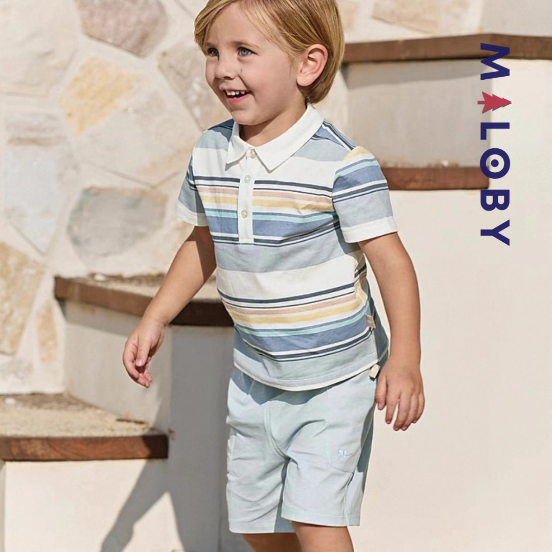 Ensemble Polo Rayé & Short enfant garçon- Bleu Pâle