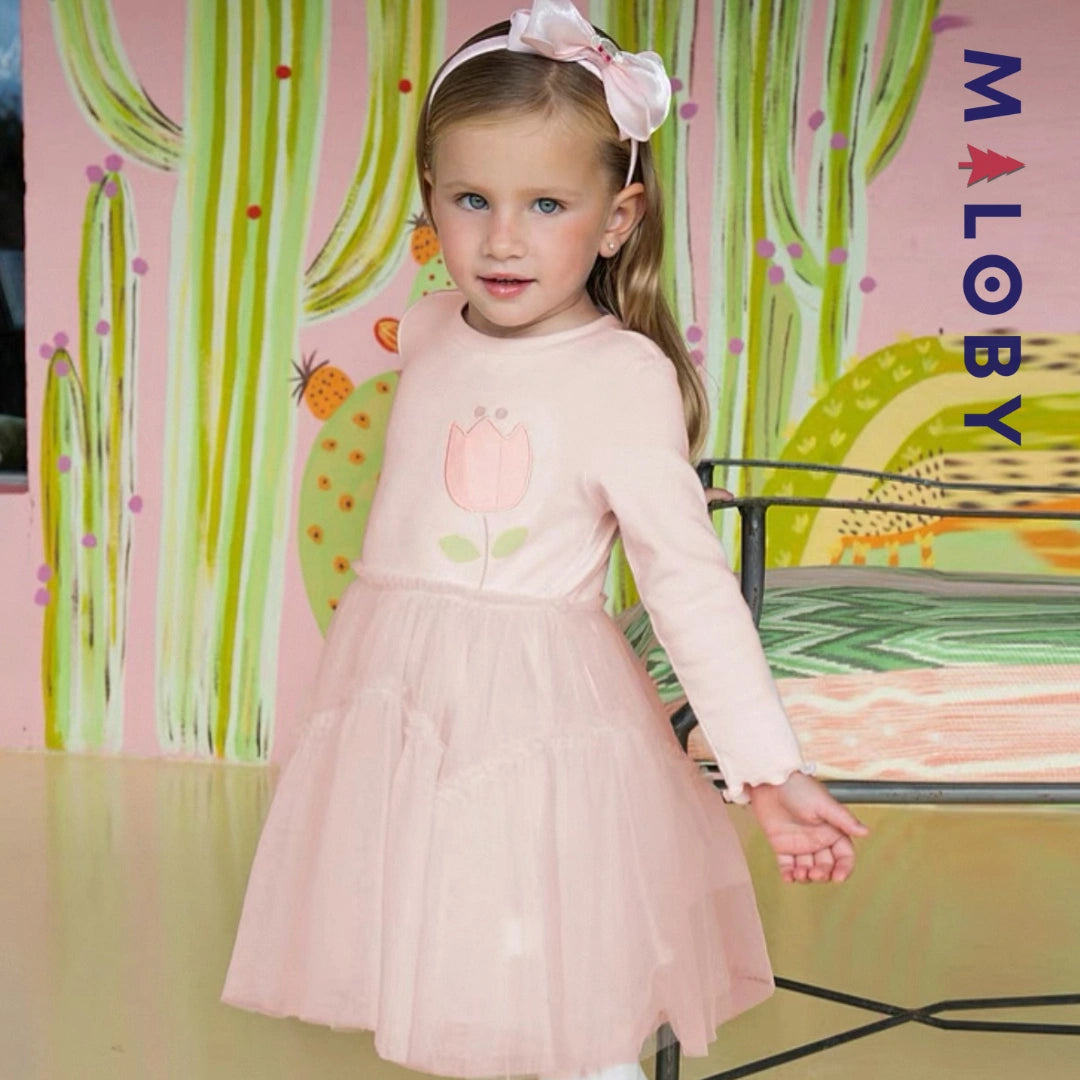 Robe cérémonie bi-matière motif fleur enfant fille- Rose