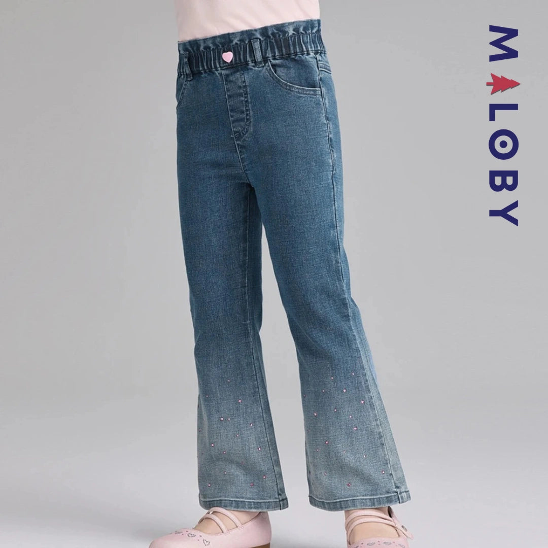 Pantalon denim large base en perles enfant fille- bleu